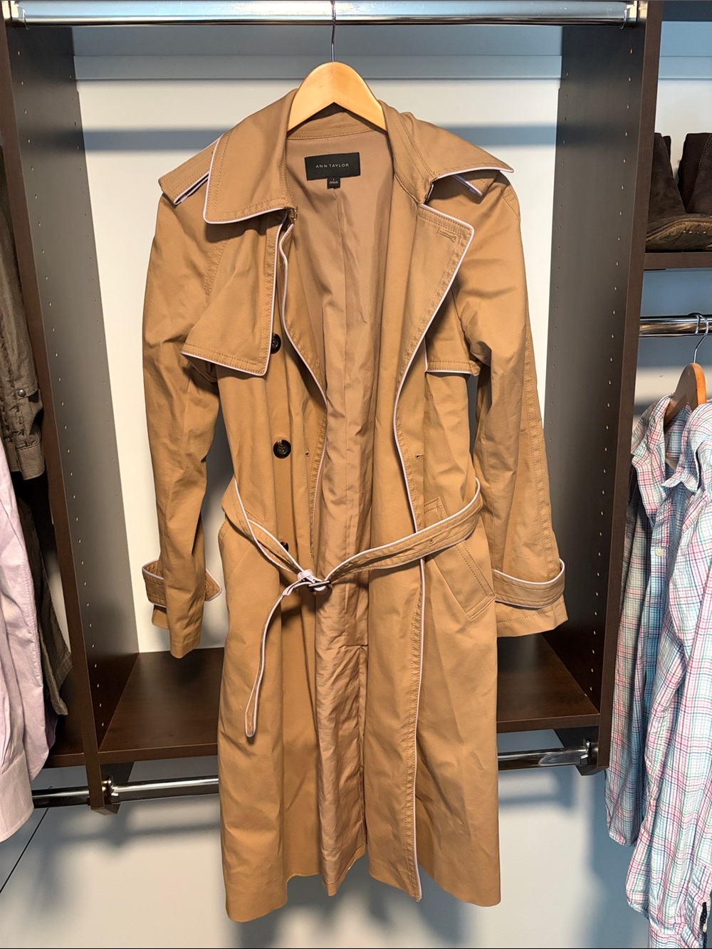 Ann Taylor Camel Trench Coat with Contrast Piping